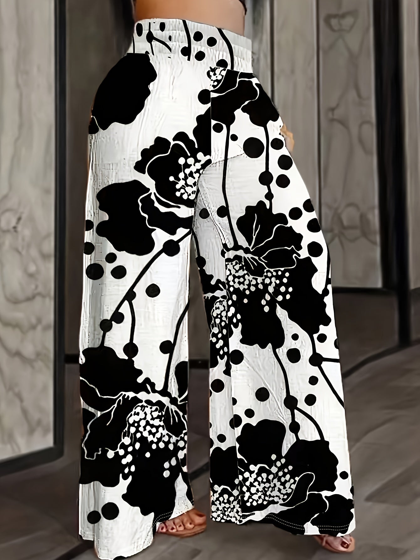Women's Elegant Floral Print Wide-Leg Pants - High Waist, Black & White Flower Design, Soft Polyester Blend, Machine Washable, Perfect for Spring & Fall